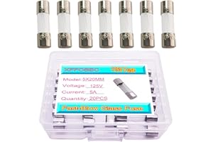 XFFCSEC 20PCS 125V Fuse 5a Max 5x20 mm 5 amp Fuse 125 Volt 0.2x0.78 Inch F5AL Fast Blow Glass Fuses for Fan Plug and Micro String Lights Safety Plugs