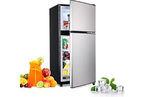 EUASOO FLS-80-SILVER 3.5Cu.Ft Compact Refrigerator, Small Refrigerator with freezer, Retro Fridge with Dual Door, 7 Level Adjustable Thermostat for Garage, Dorm,Bedroom, Office, Apartment