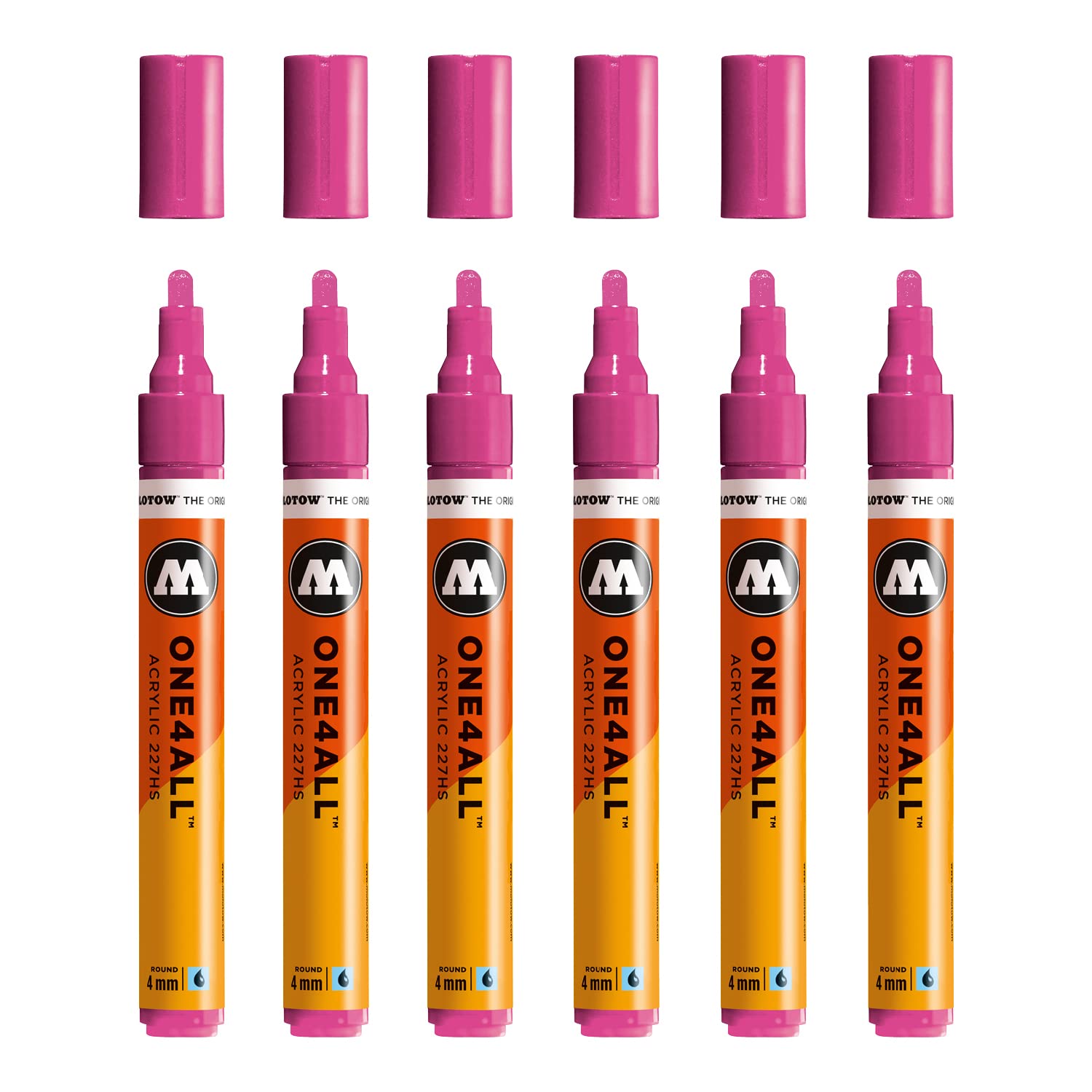 Molotow One4All 227HS Acrylic Marker (4.0 mm Line Width, High Coverage and Permanent, UV-Resistant, for Almost All Surfaces) Pack of 6 Colour 232 Magenta