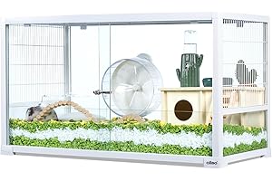 OIIBO Large Glass Hamster Cage, 32" L x 16" W x 18" H Deluxe Hamster Cage with Big Room Chew-Proof Gerbil Cage with Front Sliding Door Hamster Cages and Habitats for Gerbils Mice Dwarf Syrian Hamster