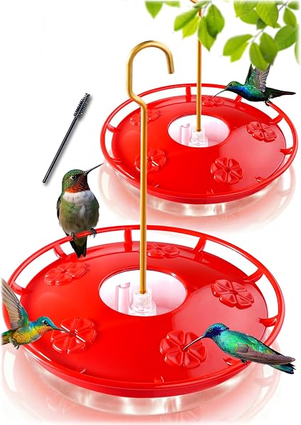 eWonLife Hummingbird Feeders for Outdoors, 2 Pack 16 oz Leak-Proof Dish-Style Humming Bird Feeder with Built-in Ant Moat, 5 B