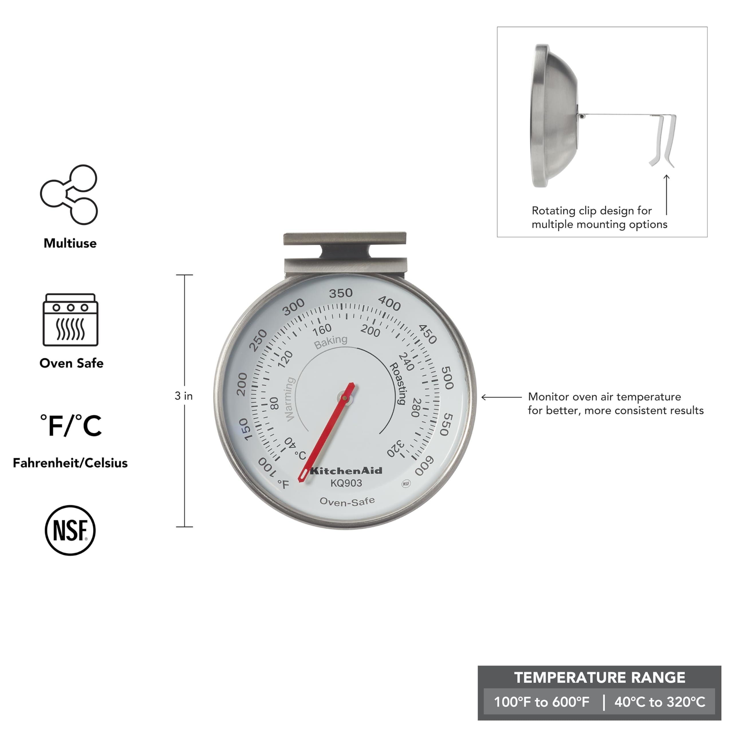KitchenAid 3-in Dial Oven Thermometer, Temperature Range: 100°F to 600°F
