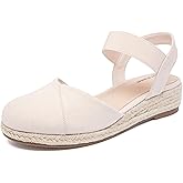 Ataiwee Women's Platform Wedge Heel Espadrille Sandals - Adjustable Elastic Ankle Strap, Slip-On lightweight Rubber Sole, Comfortable Insole, Close-Toe Casual Summer Sandals.