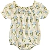 Infant Baby Girl Linen Romper Smocked Bubble Bodysuit Frill Trim Ruffle One-Piece Jumpsuit Casual Cute Summer Clothes