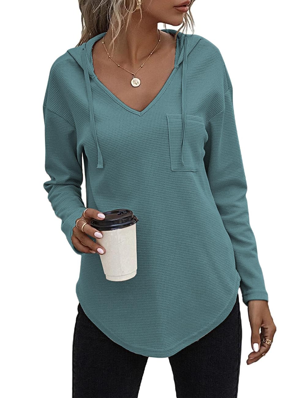 Pullover, Women's Hoodie, Long Sleeves, V-Neck, Sweatshirt, Plain, Drawstring Top