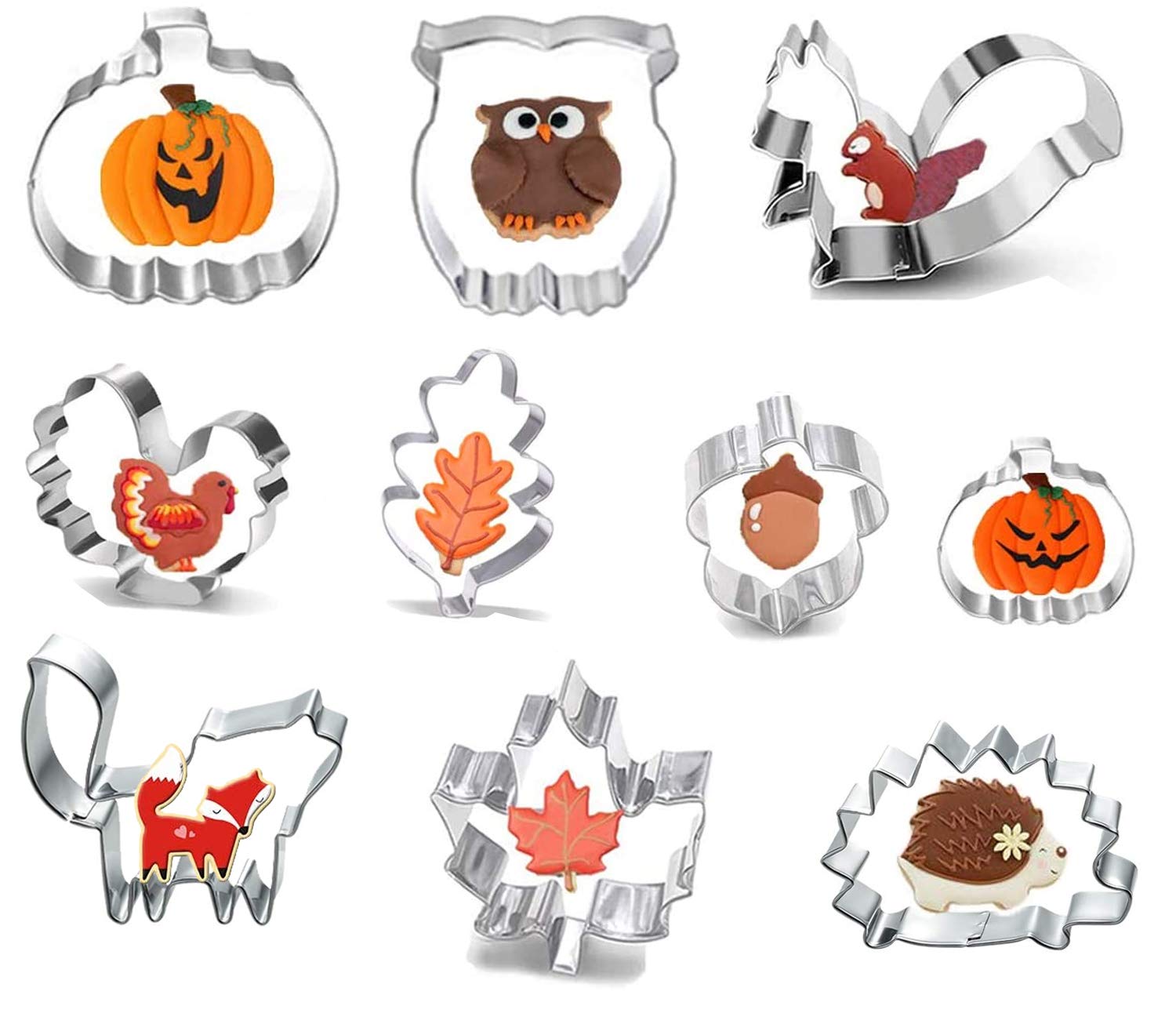 10 Piece Biscuit Cookie Cutter Cookie Cutter Set,Animal Cookie Cutters,Cookie Cutter Set Pumpkin, Turkey, Oak Leaf, Squirrel, 10 Pieces, Stainless Steel for Kids - Stainless Steel