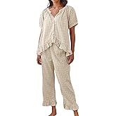 codcm Womens Gingham Pajama Set 2 Piece Short Sleeve Babydoll Shirt and Pants Lounge Set Cute Sleepwear