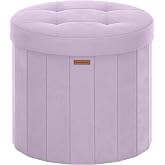 SONGMICS Storage Ottoman Round Velvet Vanity Stool, 18.5 x 18.5 x 17.7 Inch | Makeup Vanity Chair, Foot Rest, for Bedroom, Light Lilac, MINOTA Collection ULSF608PE01