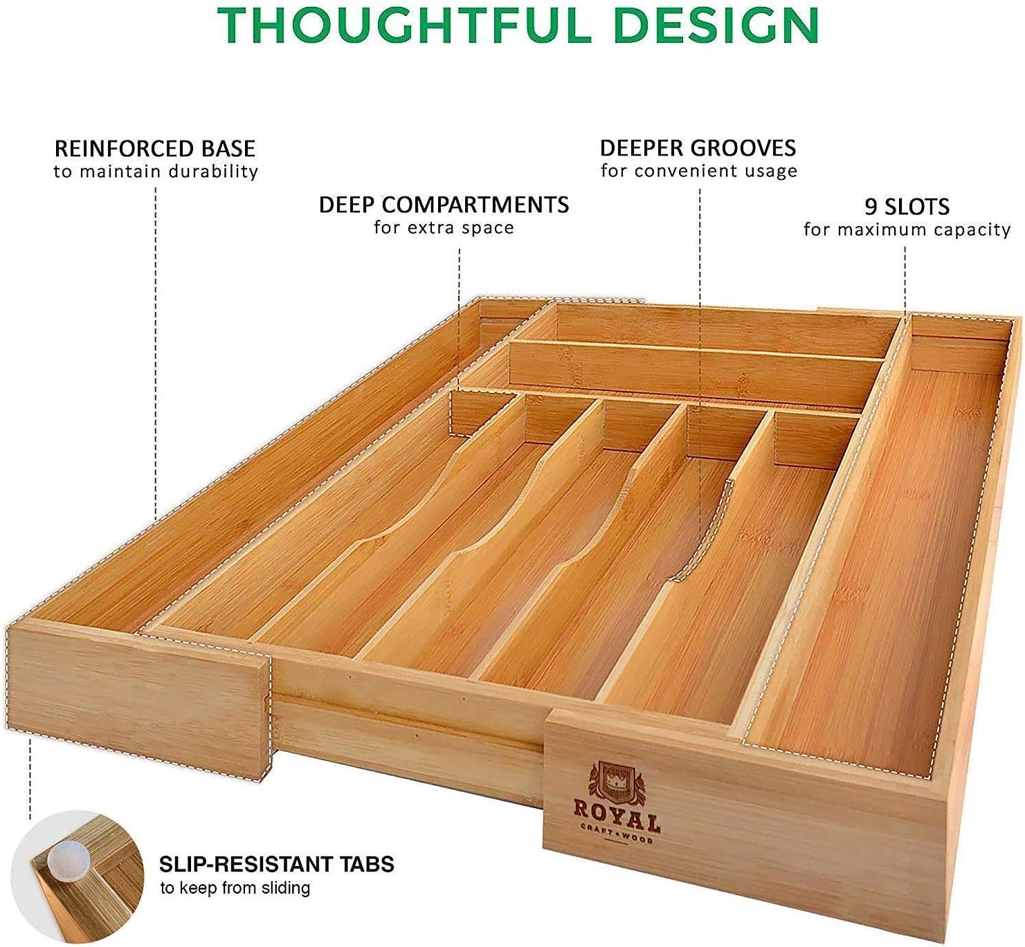 Bamboo Kitchen Drawer Organizer - Expandable Silverware Organizer/Utensil Holder and Cutlery Tray (20”-17.5”, Natural) -