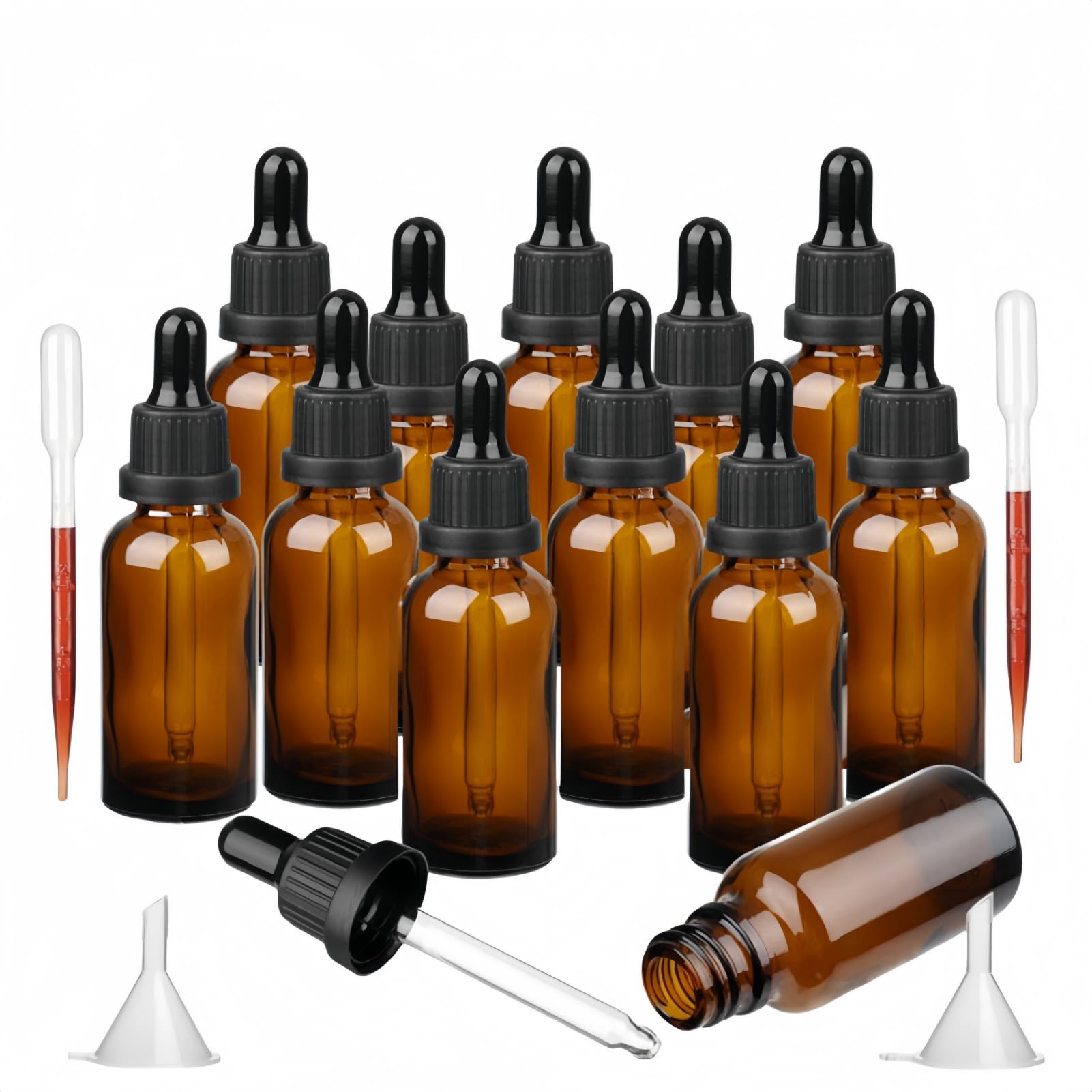 Bakiauli 12 Pieces 30ml Amber Dropper Bottle with Pipette Dropper, Refillable Glass Bottle Come with 2 Funnel and Dropper for Essential Oil Aromatherapy Blends