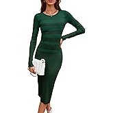 MAKABO Women's Long Sleeve Ribbed Sweater Dress Crew Neck Stripes Bodycon Midi Dresses Casual Knit Stretch Outfits
