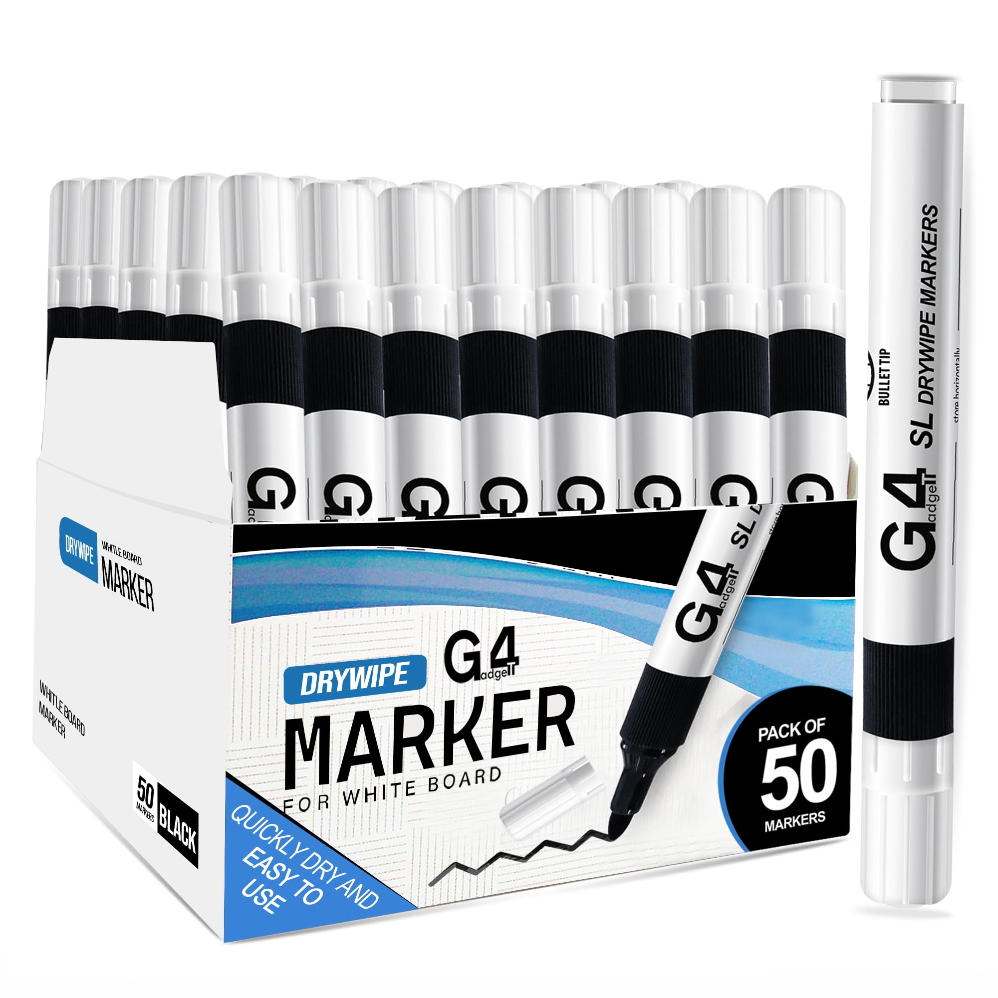 G4GADGET 50 X Whiteboard Dry Wipe Marker Pens Bullet TipNon-Toxic Ink Black Colour