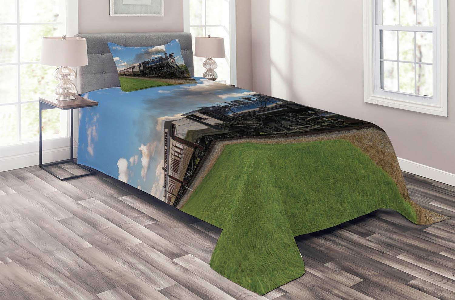 Ambesonne Steam Engine Coverlet, Vintage Locomotive in Countryside Scenery Green Grass Puff Train Picture, 2 Piece Decorative Quilted Bedspread Set with 1 Pillow Sham, Twin Size, Blue Green