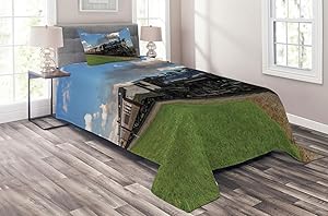 Ambesonne Steam Engine Coverlet, Vintage Locomotive in Countryside Scenery Green Grass Puff Train Picture, 2 Piece Decorative Quilted Bedspread Set with 1 Pillow Sham, Twin Size, Blue Green
