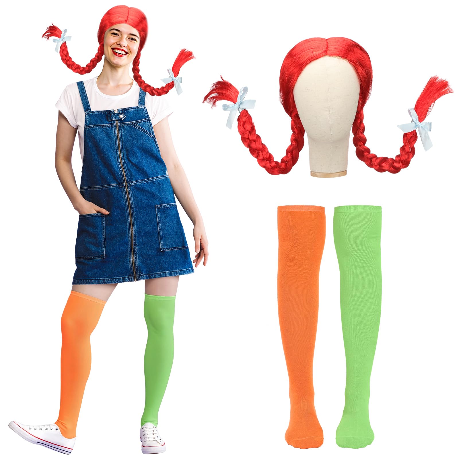 Photo 1 of 2 Pcs Halloween Freckled Stocking Girl Costume Set Red Braided Wig Clown Pigtail Costume with Mismatched Stockings for Halloween Cosplay Party Outfits Girls Women