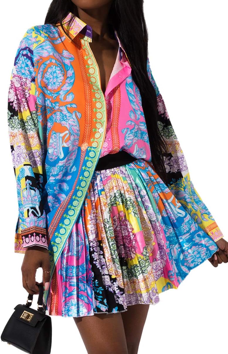 AKIRA Women's Pleated Accordion Colorful Pattern High Waist Mini Skater Skirt