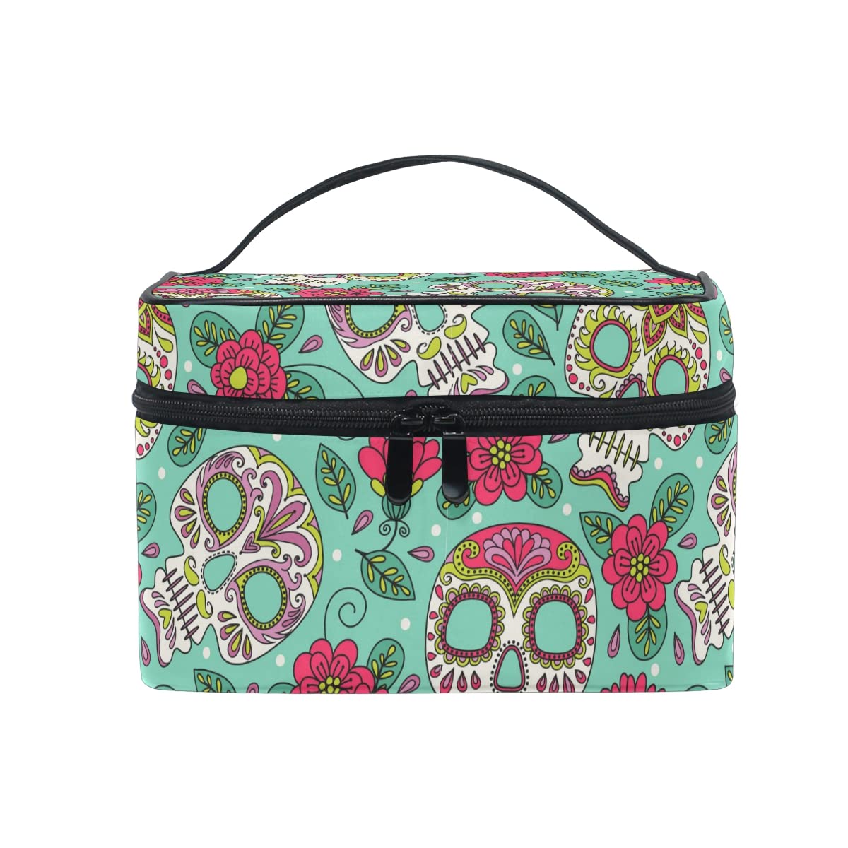 Makeup Bag, Sugar Skull Floral Print Cosmetic Toiletry Storage Large Travel Handle Personalised Pouch with Compartments for Teenage Girl Women Lady Green