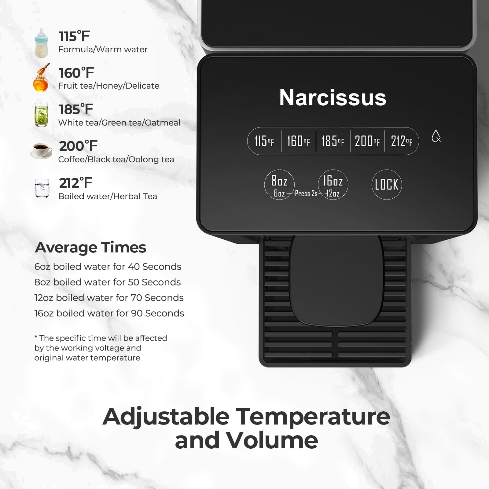 Narcissus D30 Dispensador instantáneo de agua caliente para encimera para calentamiento y dispensación rápidos, dispensación ajustable de 5 temperaturas y 4 volúmenes de agua, tanque de agua extraíble de 100 onzas de capacidad con asa de transporte, sin BPA