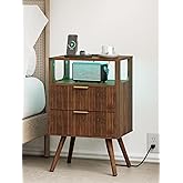 Leomonio Nightstand with Charging Station and LED Lights, Modern Bedside Table with 2 Storage Drawer and Open Wood Shelf for Bedroom and Small Spaces, Night Stand with Solid Wood Legs