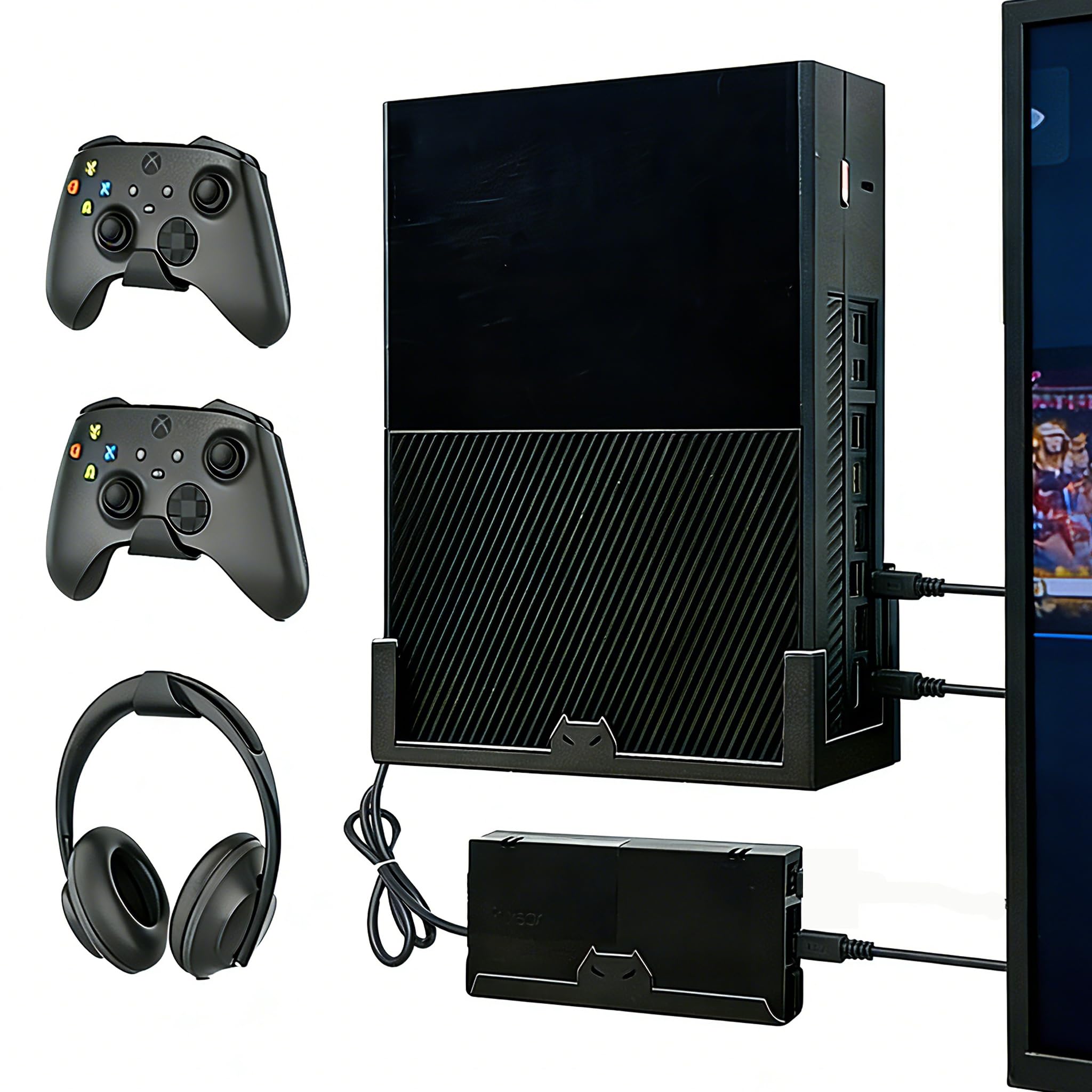 GETYEA Wall Mount for Xbox One,Steel Wall Mount Kit for Xbox One Original and Power Brick Mount,3 Detachable Controller Holders & Headphone Hangers, Stand for Xbox One