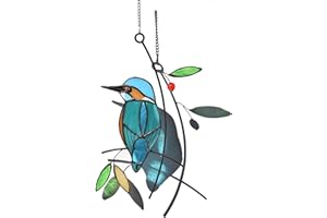 Lolitarcrafts Kingfisher Stained Glass Window Hangings Bluebird on Branch Suncatchers for Window Modern Birds Decor (Blue,No Rhinestone)