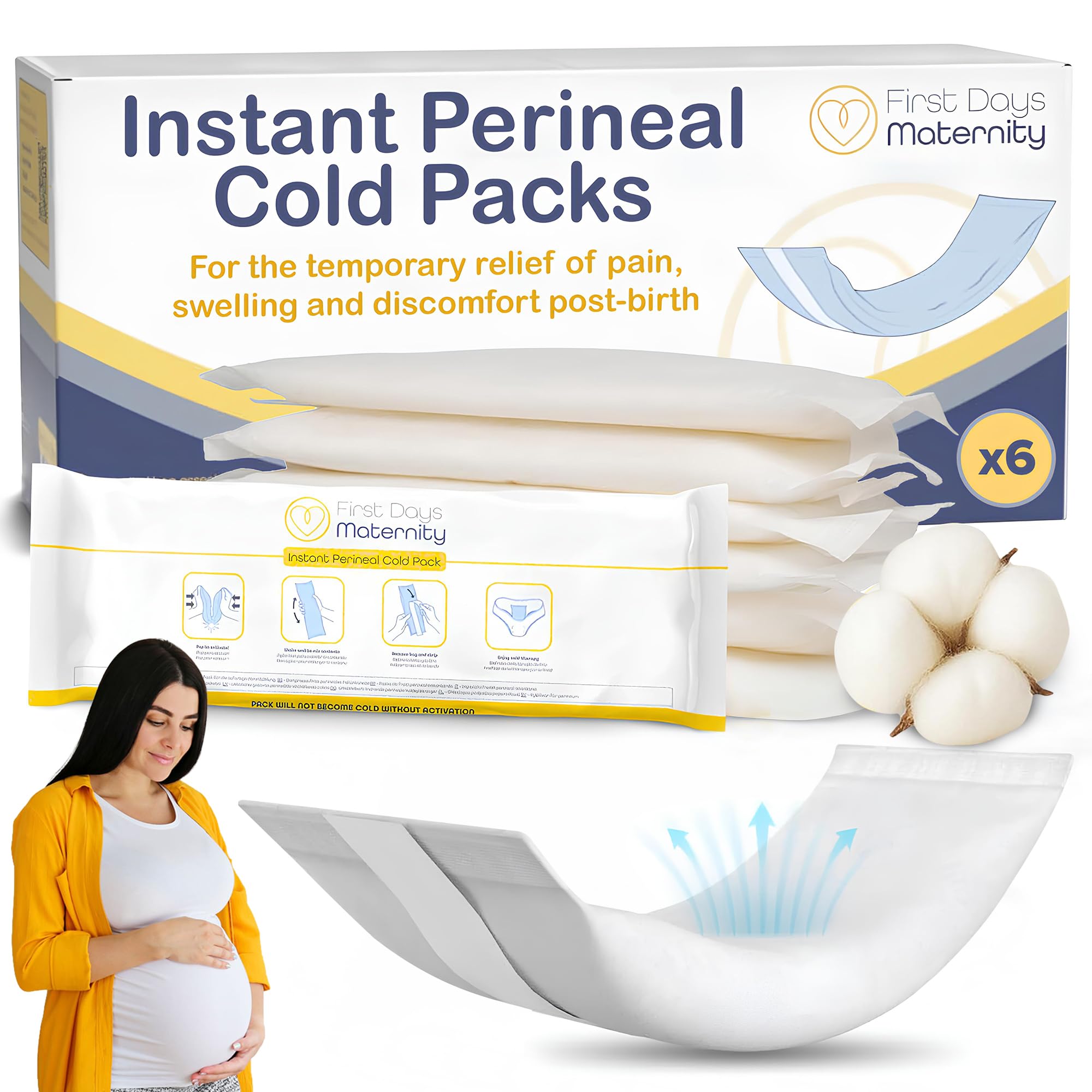 First Days Maternity Instant Perineal Cold Packs - Up to 20mins Cooling Effect - Absorbent, Disposable with Soft Cotton Cover - Ideal Hospital Bag Maternity Essentials (Pack of 6)