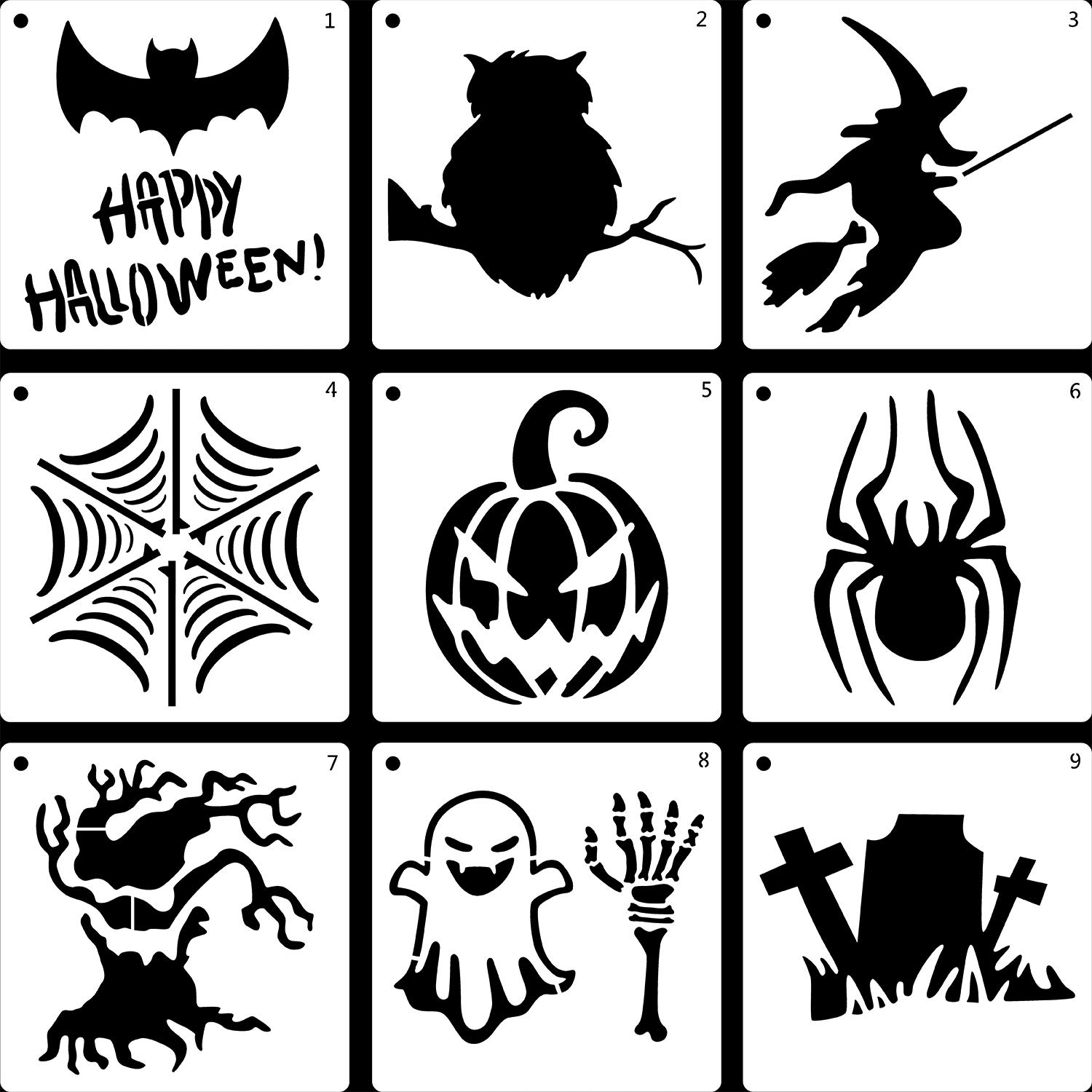 LLGLTEC 9 Pieces Halloween Stencils Template DIY Halloween Designs 7.9\'\'x7.9\'\' Extra Large Reusable Plastic Crafts for Painting on Wood, Paper, Fabric, Glass, Wall Art
