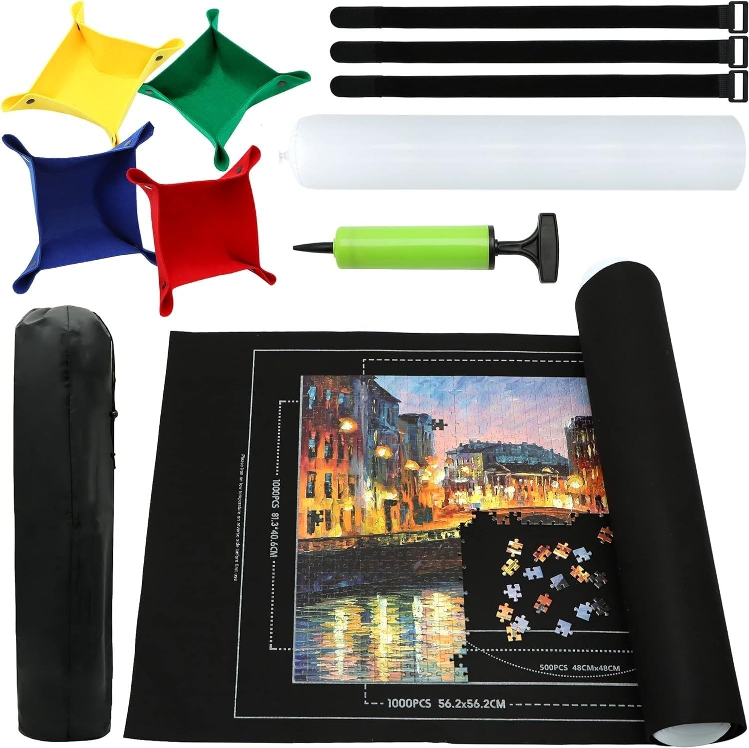 KAHEIGN Portable Jigsaw Mat, 1000/1500 /2000 Pieces Puzzles Mat Roll-Up Jigsaw Board Foldable Puzzle Saver Storage Felt Pad with 4 Sorting Trays, 3 Straps, Inflatable Tube and Pump (118CM x 80CM)