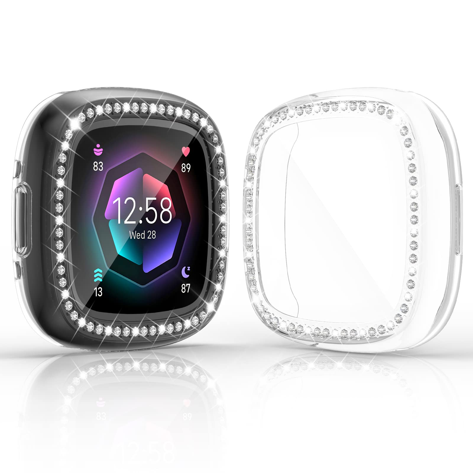 2-Pack RICHONE Compatible with Fitbit Versa 4 & Sense 2 (2022) Screen Protector Case, Bling Diamonds Cover Soft TPU Bumper Smartwatch Accessories(Clear x 2, Versa 4 & Sense 2 Watch)