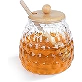 Joeyan Glass Honey Jars with Dipper and Lid,18.5 oz Honey Pot Container,Honeycomb-Style Glass Honey Dispenser for Honey Syrup