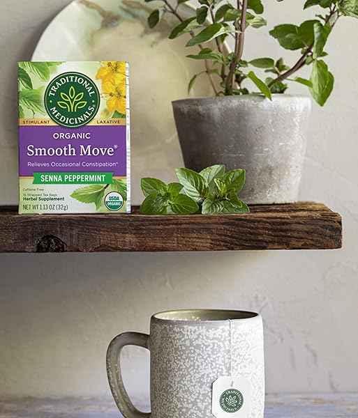 TRADITIONAL MEDICINALS ORGANIC SMOOTH MOVE SENNA PEPPERMINT HERBAL TEA, RELIEVES OCCASIONAL CONSTIPATION, (PACK OF 3) 48 TEA BAGS TOTAL