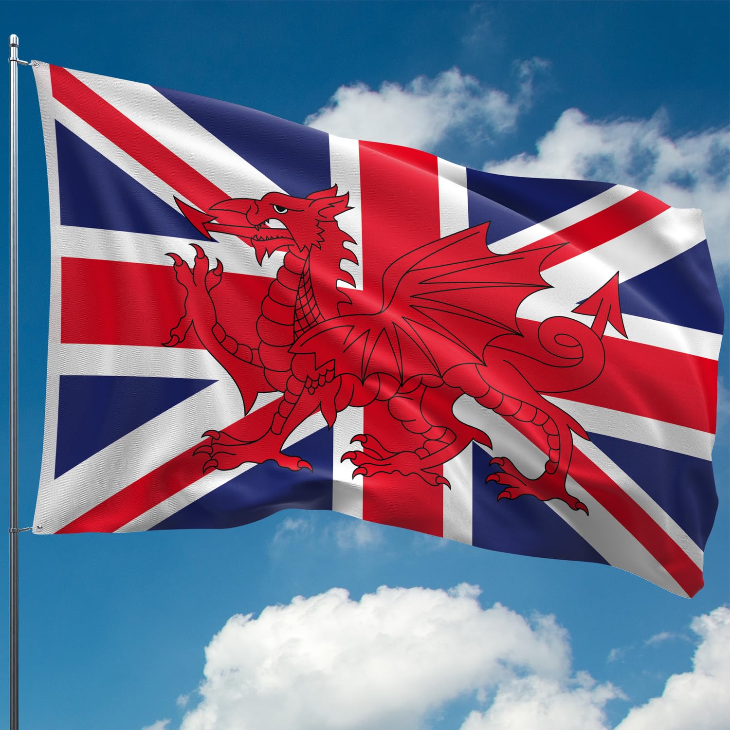 Welsh Flag with Union Jack - Wales Flag - Wales Dragon - 110Den Thick polyester - Digital Print - Double Seam - 2 brass eyelets, large 5ft x 3ft