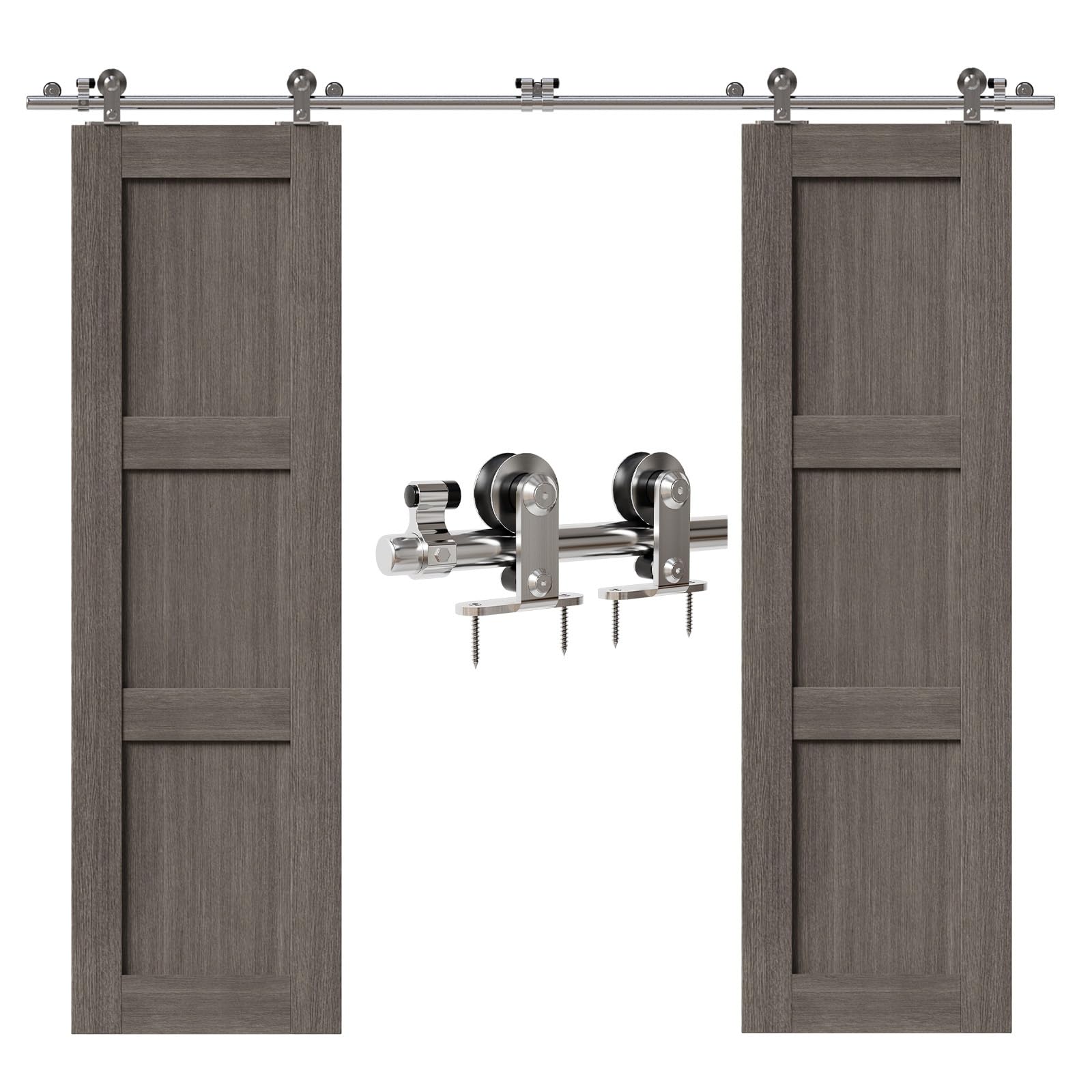 CCJH 10FT/305cm Stainless Steel Sliding Barn Wood Door Hardware Track Kit Top T Mount Roller Hanger Set for Double Door