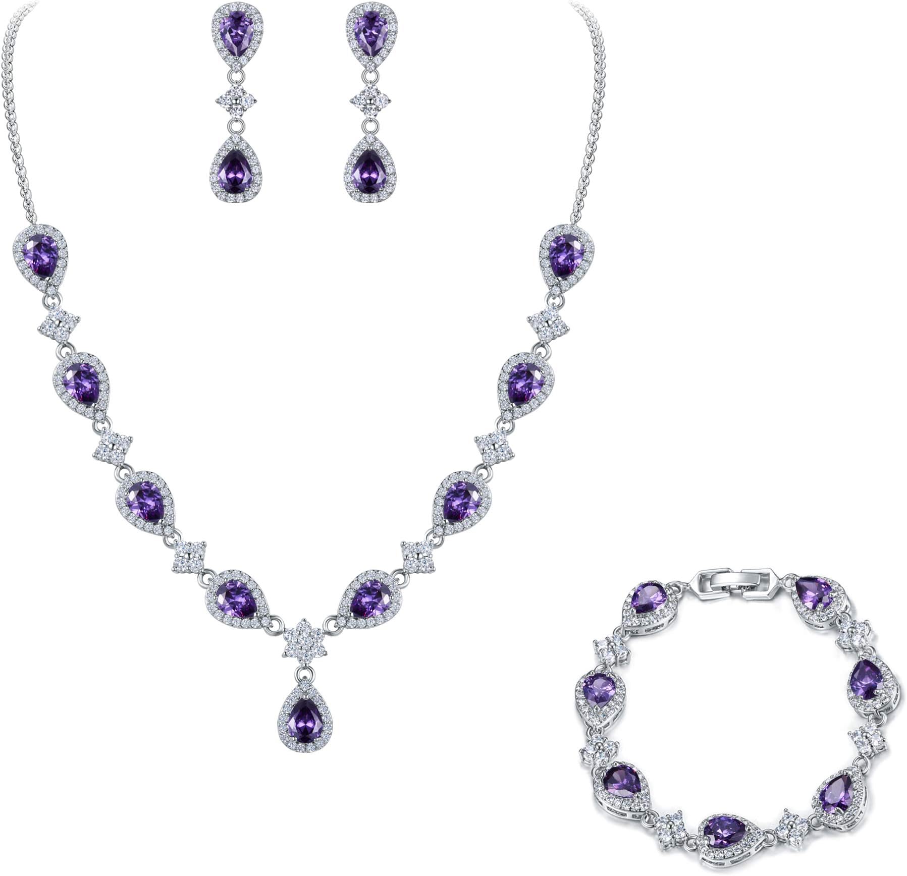 EleQueen Women's Silver-Tone Cubic Zirconia Teardrop Flower Bridal V-Necklace Sets Tennis Bracelet Dangle Earrings