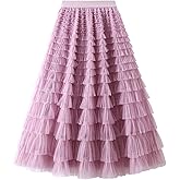 Dirholl Women's A-Line Fairy Patterned Elastic Waist Ruffle Tulle Layered Midi Skirt