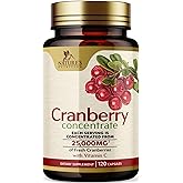 Cranberry Pills Supplement 25,000mg - Fresh Cranberry Equivalent with Vitamin C & E - Urinary Tract Health Support, Sugar Free Formula, Fruit Powder Extract - Non-GMO, Bottled in USA - 120 Capsules