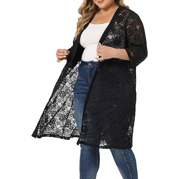 646 - Sheer Lace Long Sleeve Open Front Long Body Asymmetric