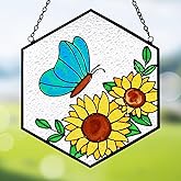 Stained Glass Butterfly Sunflower Suncatcher Window Hanging Ornament, Light Transmission Hand Paint Sun Catchers for Women Gifts, for Lover