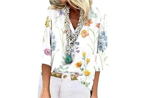 ROKIACDE 3/4 Sleeve Tops for Women,Casual Loose Shirt Lace V Neck T Shirts Womens Flowers Graphic Tees