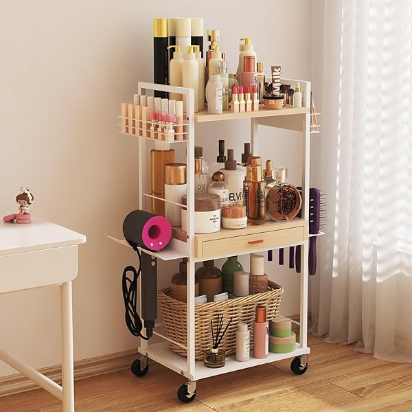 XUBIALO 3 TIER ROLLING UTILITY CART WITH WOODEN DRAWER, STABLE AND STURDY MADE OF MULTIFUNCTIONAL STORAGE ORGANIZER TOOL FOR KITCHEN, BATHROOM, MAKEUP, LIVING ROOM, BABY ESSENTIALS, WHITE