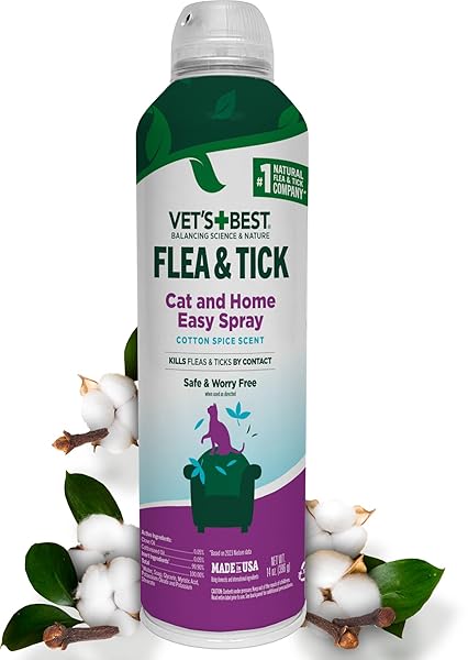 VET’S BEST NATURAL FLEA & TICK EASY SPRAY FOR CATS – NATURAL FLEA & TICK PREVENTION WITH COTTON SPICE SCENT – PLANT-BASED CAT SPRAY WITH ESSENTIAL OILS – GENTLE PEST CONTROL FORMULA – 14 OZ BOTTLE
