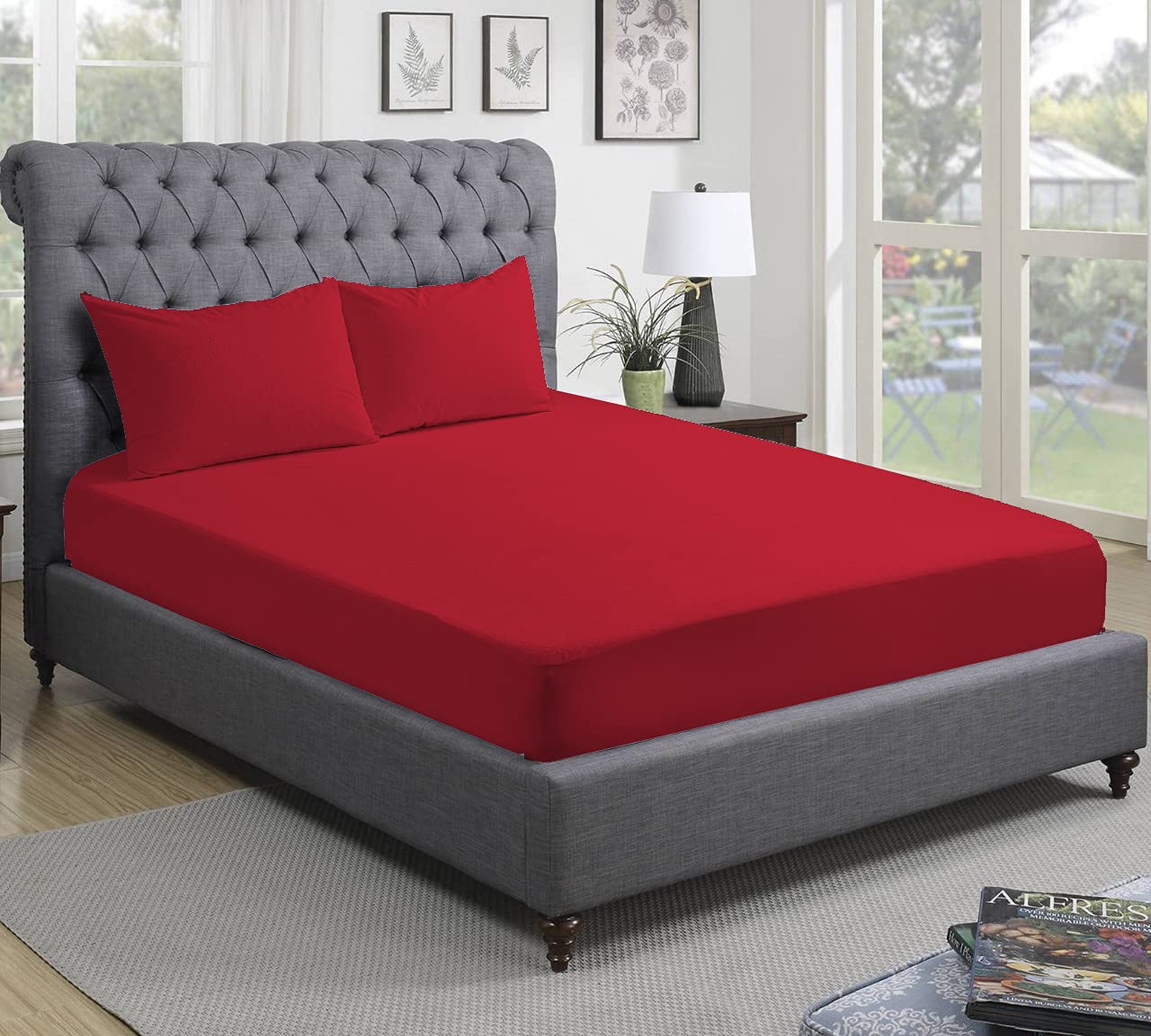 300 Thread Count 100% Pure Egyptian Cotton Bedding Fitted Sheets Stretches Up to 28cm Deep (Red, Single: 90x190cm)
