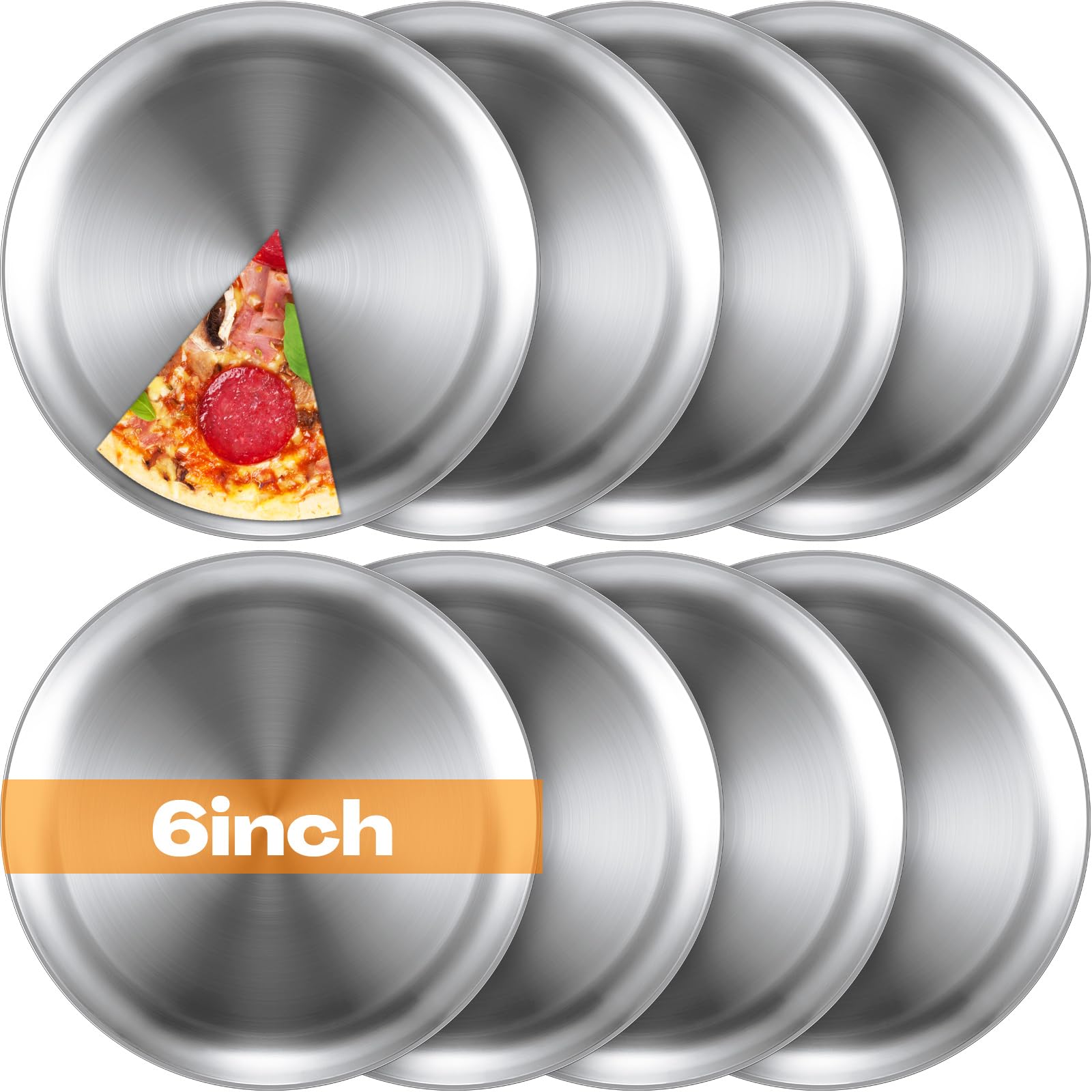 Photo 1 of Thenshop 8 Pieces 6 Inch Pizza Pans Bulk Stainless Steel Sets Round Bakeware Pizza Trays for Oven Kitchen Baking Home Restaurant Safe Sturdy Reusable Easy Clean (Matte Silver)