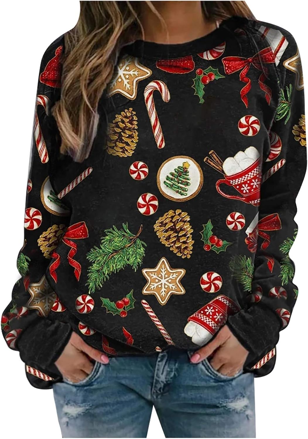 Women Christmas Sweatshirt Graphic Long Sleeve T-shirt Cute Pattern ...