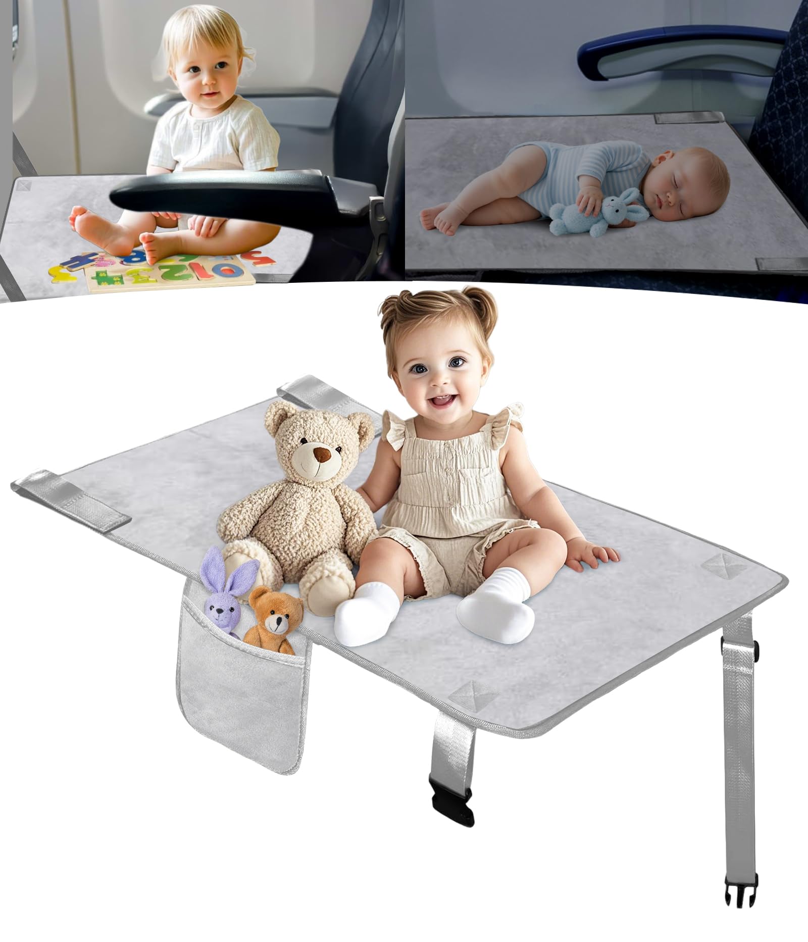 Photo 1 of Toddler Airplane Bed, Toddler Travel Bed Airplane Seat Extender for Kids, Plane Tray Cover with Built-in Holder, Baby Travel Essentials for Flying, Portable Plane Footrest for Kids Grey