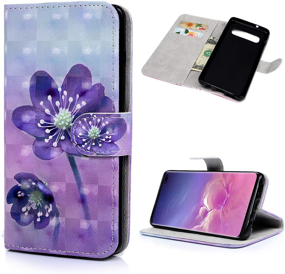 Case for Samsung Galaxy S10+ Plus, S10+ Flip Case Shockproof Folio Notebook Kickstand Card Slots 3D Effect Painting PU Leather Wallet TPU Bumper Shell Slim Fit Protective Cover Purple Flower
