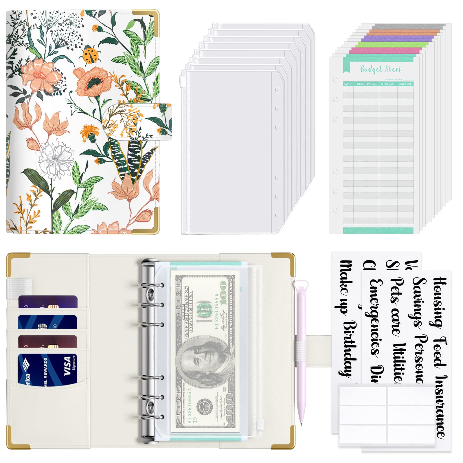 Hnogri Budget Binder with Zipper Envelopes, A6 Money Saving Binder Cash Envelopes for Budgeting, PU Leather Budget Planner Money Organizer for Cash Bills, Floral Budget Wallet for Women, Evergreen
