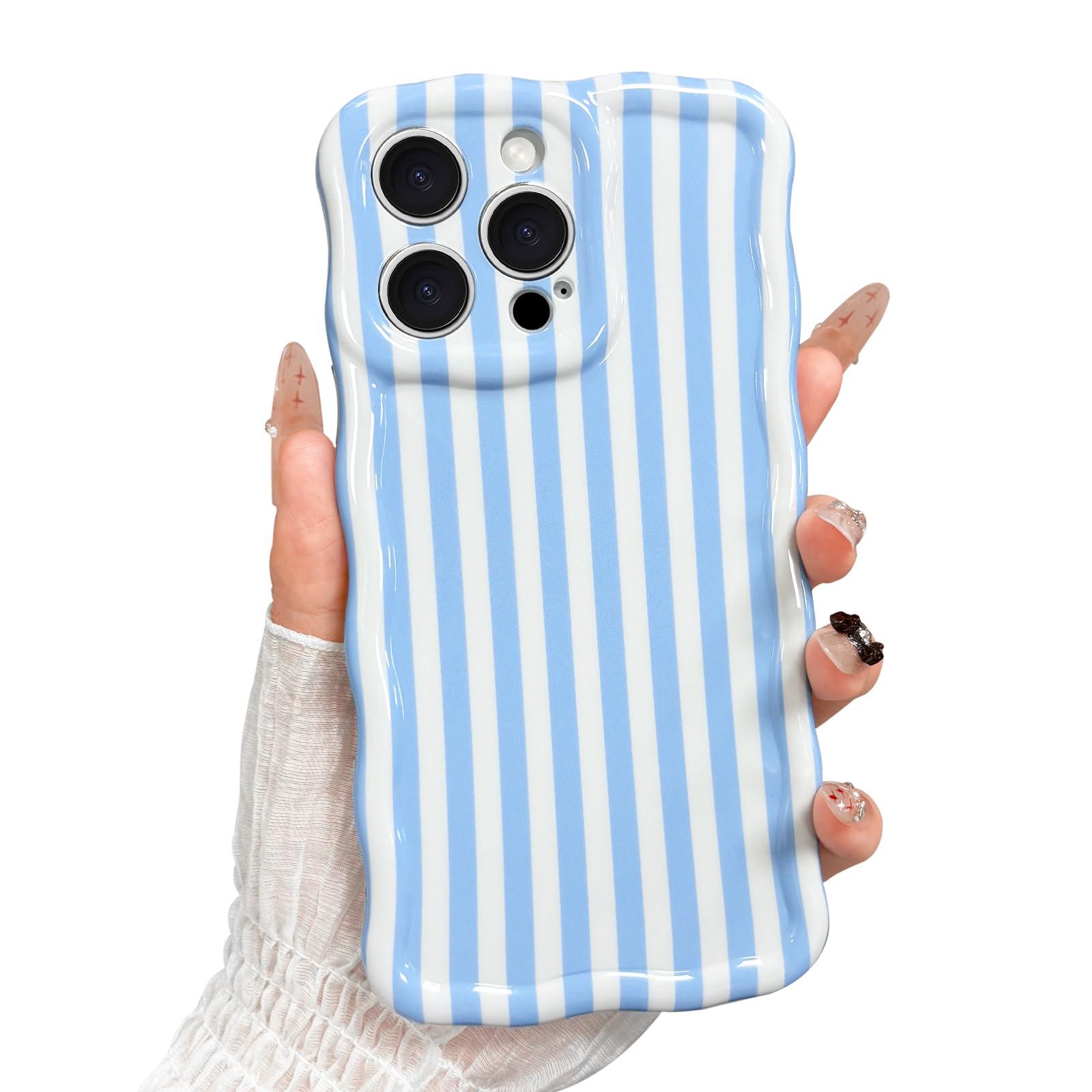 TKJSQ for iPhone 16 Pro Case, Cute Striped Pattern and Curly Wavy Edge Aesthetic Gloss Phone Case, Stylish Slim Shockproof Soft TPU Protective Cover for iPhone 16 Pro, Gray White