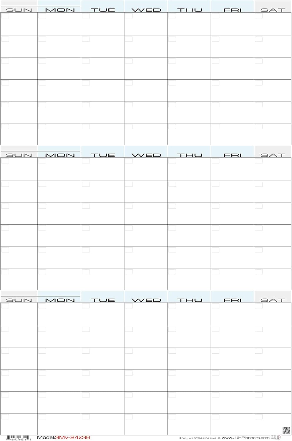 JJH Planners - Laminated Blank - 24" x 36" - Large - Erasable 3 Month Vertical Wall Planner (3Mv-24x36)