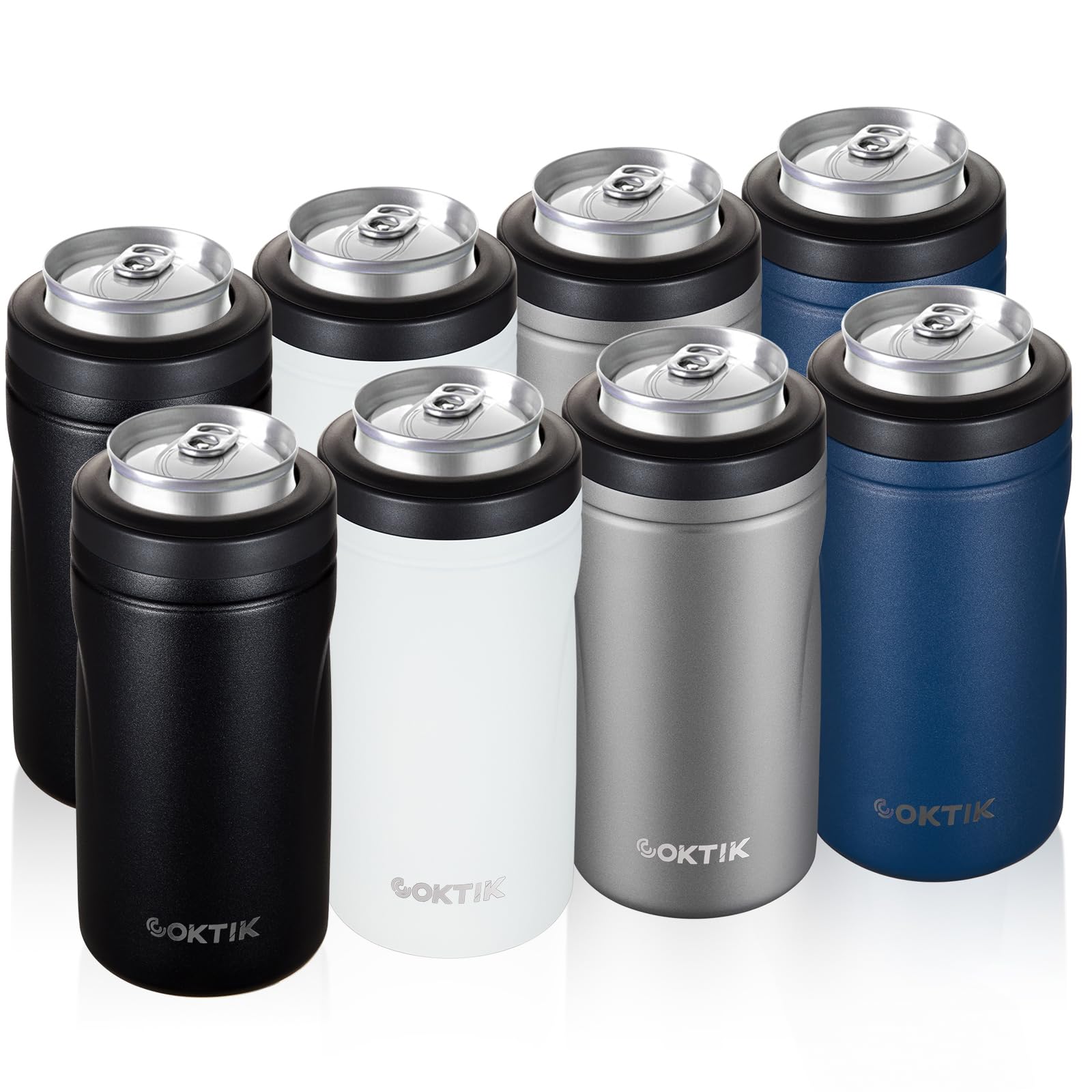 COKTIK 4 in 1 Insulated Can Cooler, 8 Pack Double Wall Slim Can Cooler Set for 12 oz Regular or Slim Cans & Beer Bottle (Mix3 Colors) Image